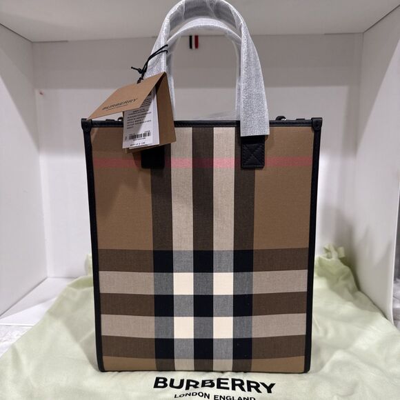 Burberry Black/Beige House Check Fabric Small N/S Book Tote New With Tag - Picture 1 of 7
